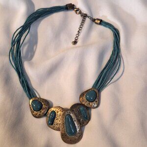 Vintage Teal Cord and Brass Tone Statement Necklace